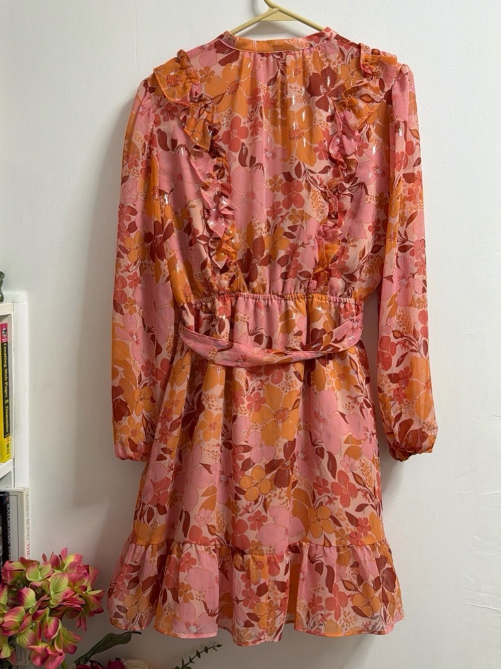 LC Lauren Conrad Pink and Orange Floral Ruffle Long Sleeve Dress Size M